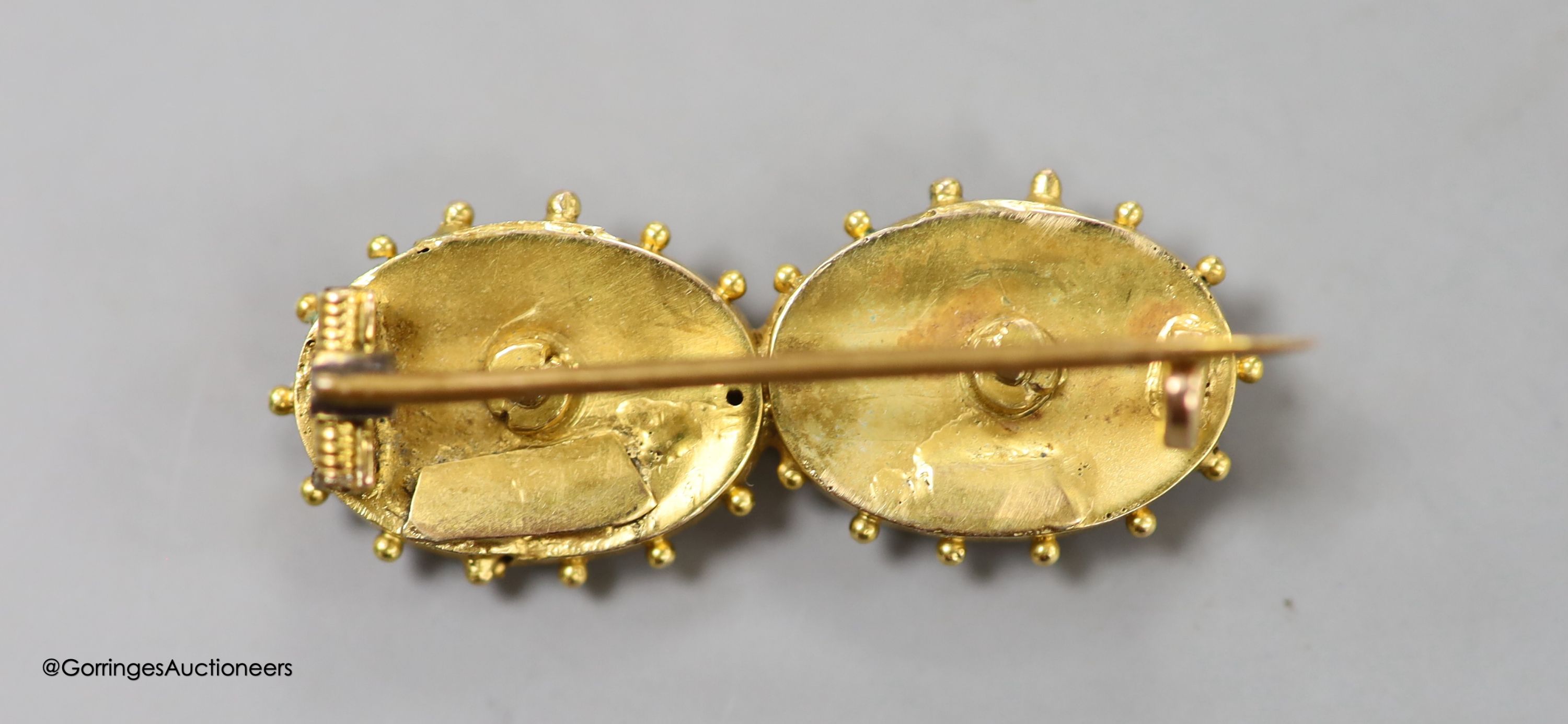 A Victorian yellow metal and rose cut diamond set 'double oval' brooch (adapted stick pins), 34mm, gross weight 3.9 grams.
